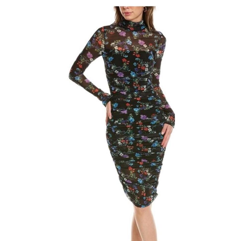 Alice + Olivia Delora Floral Ruched Midi Dress - Black Multi